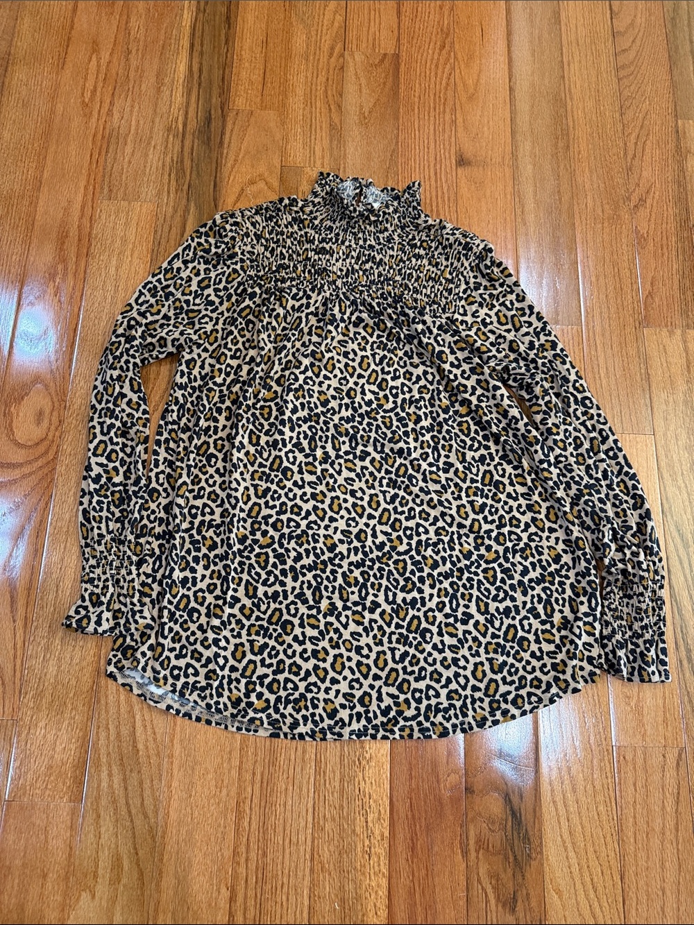 Smocked High-Neck Leopard Print Blouse - Beige/Black